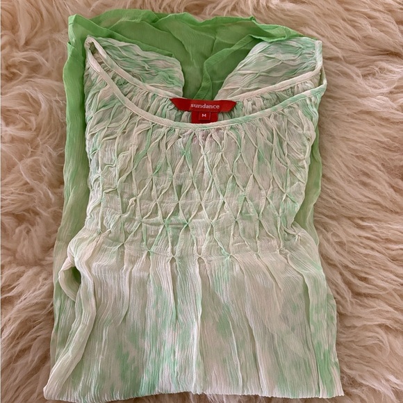Sundance 100% Silk Lime Green/ White Ombré Dye Sheer Pleated Blouse Top - Picture 5 of 6